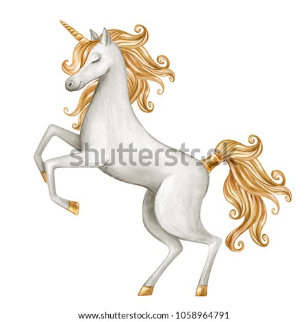 watercolor unicorn illustration, fairy tale creature, gold curly hair, fantasy animal clip art, isolated on white background
