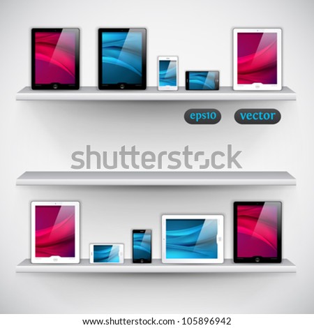 bookshelf, tablet computers and mobile phone icons - vector