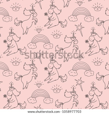 Cute seamless pattern with unicorns. Vector illustration.