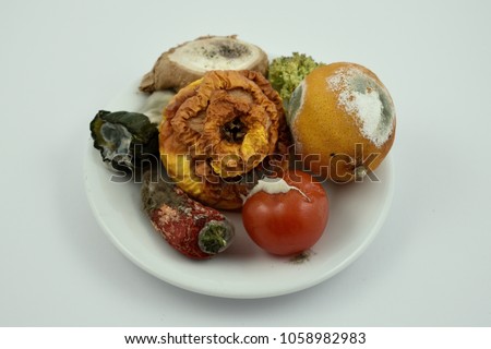 Rotten fruits and vegetables stock images. Moldy fruit and vegetables on a plate. Moldy fruits and vegetables on a white background