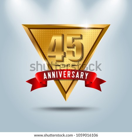 45 years anniversary celebration logotype. Golden anniversary emblem with red ribbon. Design for booklet, leaflet, magazine, brochure, poster, web, invitation or greeting card. Vector illustration. 