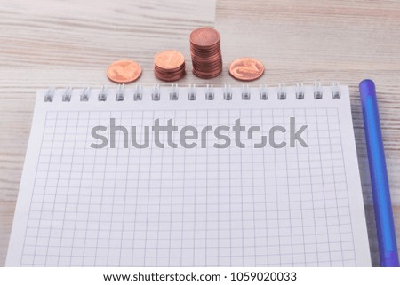 home budget: several stacks of copper coins lying behind the notebook, short focus, ballpoint pen on the right, close