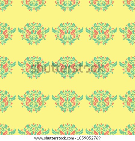 Seamless pattern with floral design. Bright yellow background with pink and green flower elements for wallpapers, textile and fabrics