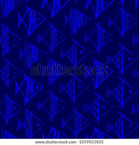 Fish hand drawing in the form of rhombuses in blue color seamless pattern on a dark blue background.