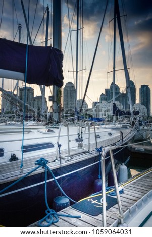 Moored boats and city skyline, Toronto, Canada