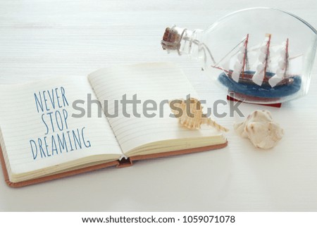 nautical concept image with sail boat in the bottle and note: NEVER STOP DREAMING