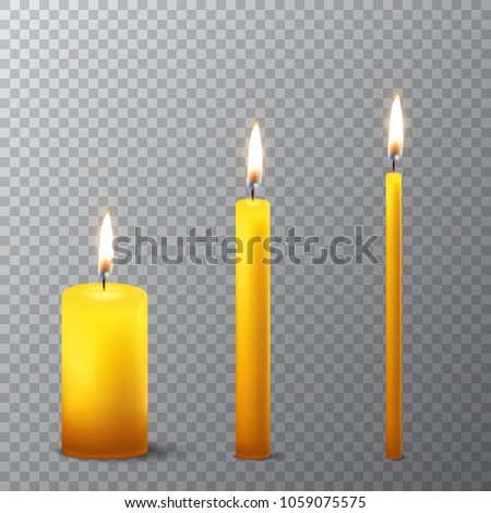 Vector 3d realistic different orange paraffin or wax burning party candle icon set closeup isolated on transparency grid background. Thick, medium and thin size. Design template, clipart for graphics