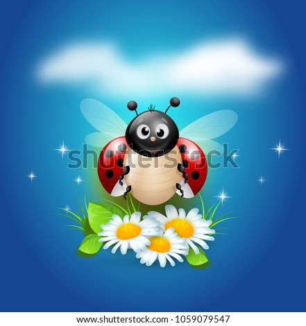 Cute illustration of ladybug on white daisy flowers