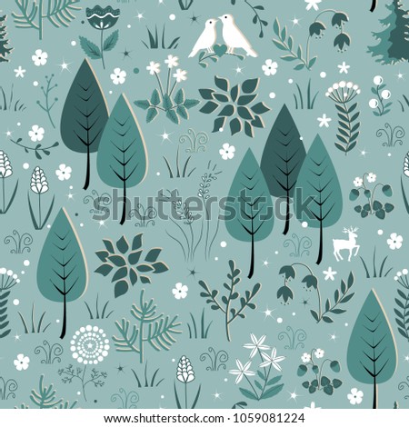 Spring pattern with birds, flowers, and trees. Gentle spring forest background. Vector doodle illustration