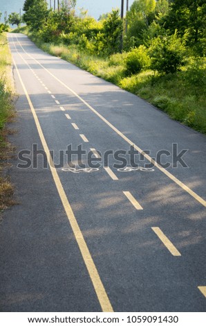 Bicycle and walking lane in forest. Outdoor sport. Active healthy lifestyle.