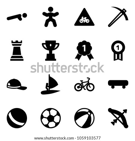 Solid vector icon set - push ups vector, gymnastics, road for moto sign, job, chess tower, win cup, gold medal, cap, windsurfing, bike, skateboard, ball, soccer, beach, bow