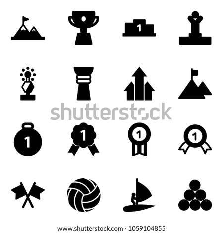 Solid vector icon set - attainment vector, cup, pedestal, winner, award, arrows up, mountain, gold medal, flags cross, volleyball, windsurfing, billiards balls