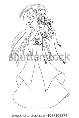 Beautiful elf women with bagpipe musical instrument. Vector black and white graphic contour illustration. Musician fairy tale girl in old style dress and long hair