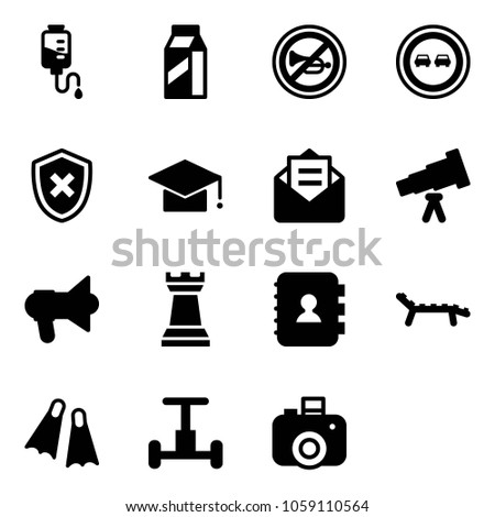 Solid vector icon set - drop counter vector, milk, no horn road sign, overtake, shield cross, graduate hat, opened mail, telescope, megaphone, chess tower, contact book, lounger, flippers, gyroscope