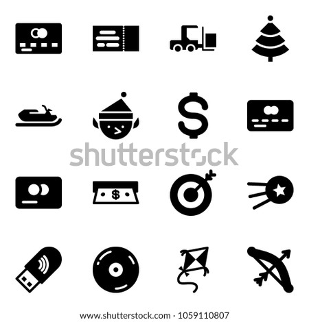 Solid vector icon set - credit card vector, ticket, fork loader, christmas tree, snowmobile, elf, dollar, cash, target, first satellite, usb wi fi, cd, kite, bow