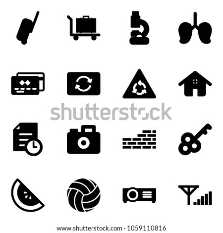 Solid vector icon set - suitcase vector, baggage, lab, lungs, credit card, exchange, round motion road sign, home, history, camera, brick wall, key, watermelone, volleyball, projector, fine signal