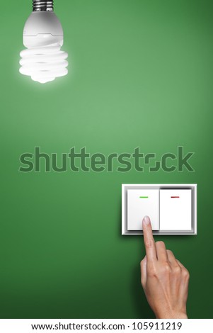hand pressed to switch to turn on the light with green background Royalty-Free Stock Photo #105911219