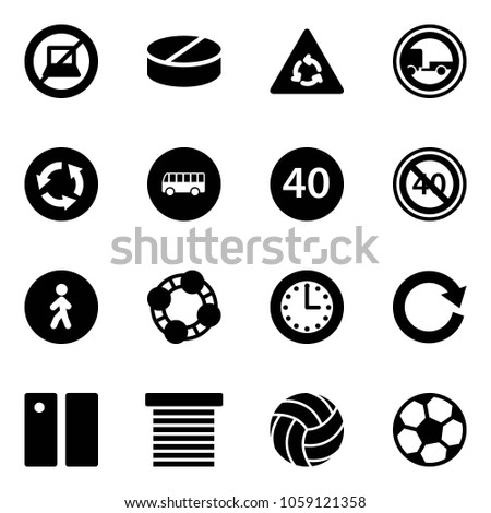 Solid vector icon set - no computer sign vector, pill, round motion road, trailer, circle, bus, minimal speed limit, end, pedestrian way, friends, time, reload, pause, jalousie, volleyball