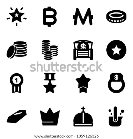 Solid vector icon set - christmas star vector, bitcoin, monero, coin, money chest, medal, gold, finger ring, crown, casting of steel
