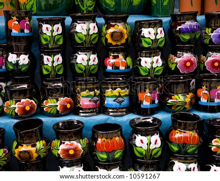 Colorful Souvenir Cups Janitzio Island Patzcuaro Lake Mexico Resubmit--In response to comments from reviewer have further processed image to reduce noise and sharpen focus.