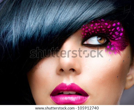 Fashion Brunette Model Portrait. Hairstyle. Haircut. Professional Makeup. False Eyelashes
