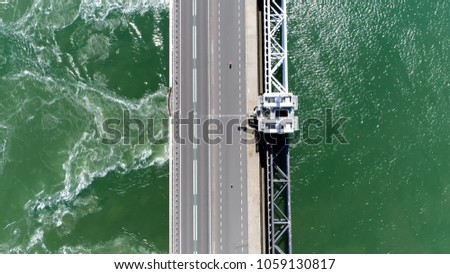 Aerial top down picture Eastern Scheldt storm surge barrier in Dutch Oosterscheldekering the largest of 13 ambitious Delta Works series of dams and storm surge barriers designed to protect Holland