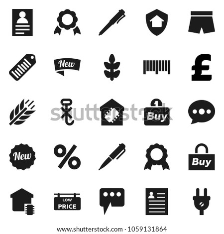 Flat vector icon set - pen vector, medal, personal information, pound, shorts, cereals, no hook, barcode, message, low price signboard, smart home, protect, new, percent, buy, power plug