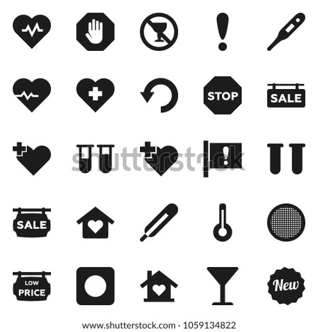 Flat vector icon set - sieve vector, heart pulse, no alcohol sign, cross, attention, glass, rec button, thermometer, vial, undo, stop, sale signboard, low price, love home, new