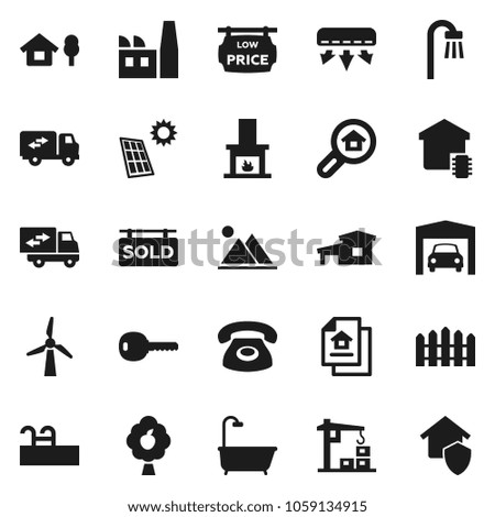 Flat vector icon set - cottage vector, chalet, pool, solar panel, windmill, fruit tree, mountain, garage, fence, estate document, sold signboard, low price, search, key, bath, relocation truck