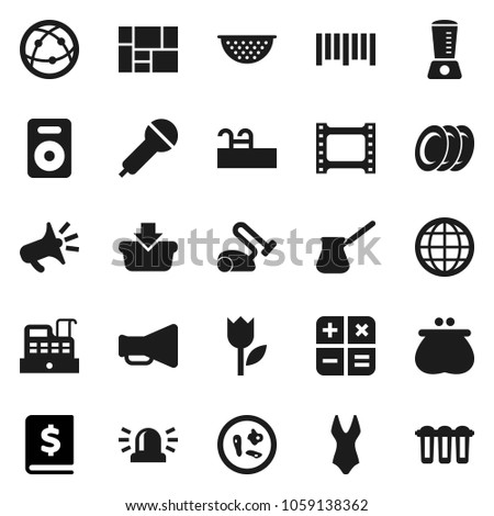 Flat vector icon set - colander vector, turk coffee, plates, annual report, swimsuite, consolidated cargo, tulip, barcode, film frame, microphone, loudspeaker, internet, speaker, microbs, globe