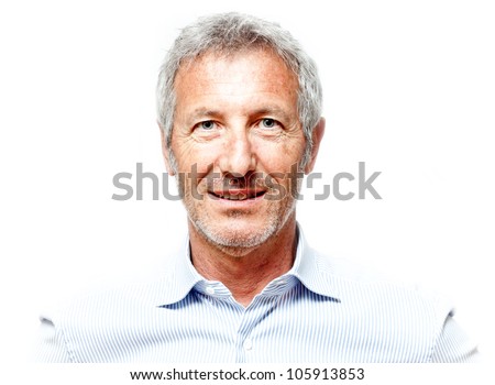 close up portrait of an elegant senior man blue eyed and with grey hair isolated on white background