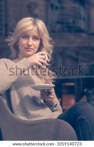 Coffee break, business woman with cup of coffee  (freelancer, success, time management concept)