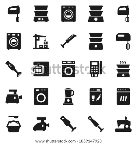 Flat vector icon set - washer vector, washing powder, mixer, double boiler, blender, construction crane, card reader, dishwasher, coffee maker, meat grinder, sewing machine