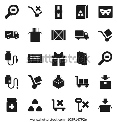 Flat vector icon set - washing powder vector, cereal, pasta, delivery, wood box, cargo, no trolley, hook, package, search, pills bottle, drop counter, relocation truck, gift