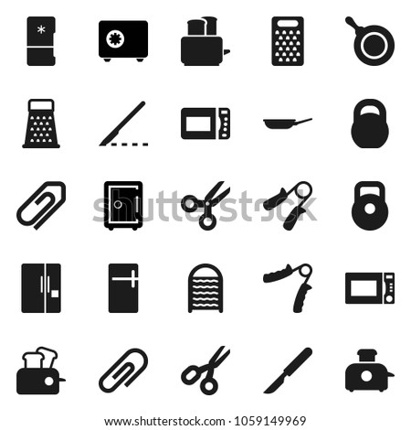 Flat vector icon set - washboard vector, pan, grater, toaster, microwave oven, scissors, safe, weight, hand trainer, scalpel, attachment, fridge