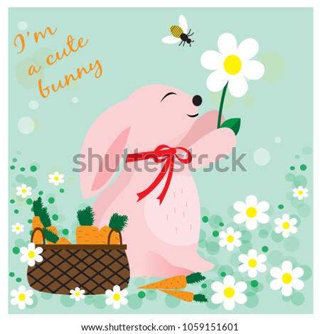 Card with cute bunny with flower and basket with carrots