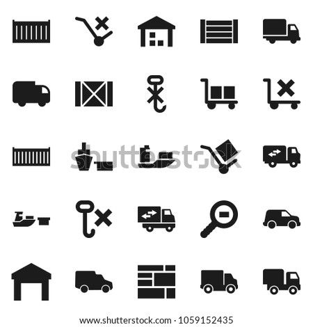 Flat vector icon set - ship vector, sea container, delivery, car, port, wood box, consolidated cargo, no trolley, hook, warehouse, search, relocation truck