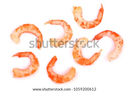 Red cooked prawn or shrimp isolated on white background. Top view. Flat lay