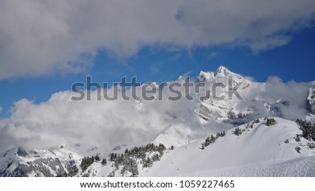 Les Dents du Midi shrouded in mystic clouds from Marcheuson viewpoint, Les Crosets, Portes du Soleil, Switzerland