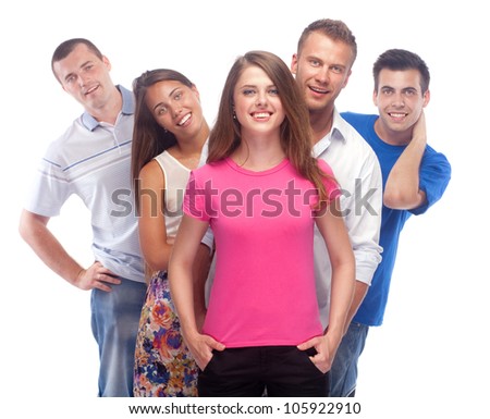 Happy smiling group of friends standing together in a row isolated on white background