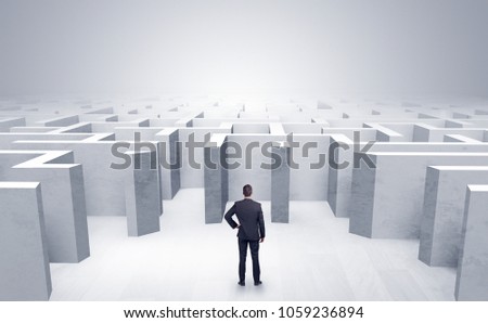 Businessman choosing between entrances in a middle of a maze Royalty-Free Stock Photo #1059236894