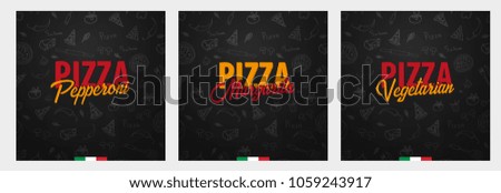 Set of Pizza food menu for restaurant and cafe. Design with hand-drawn graphic elements in doodle style. Vector Illustration