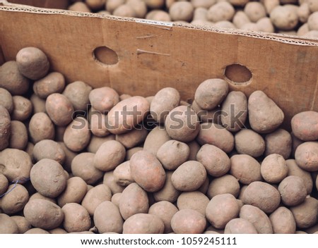 A bag of raw and dirty potatoes. Fresh potatoes close-up in a grid.