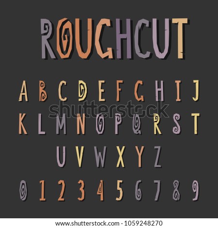 Handwritten color paper cut font for title, header, lettering, logo, banners, art and craft design. Uppercase regular display letters and numbers cut out by scissors from paper. Vector illustration.