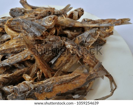 sun dried fish and salty. small fish fried on white dish. top view and isolated background