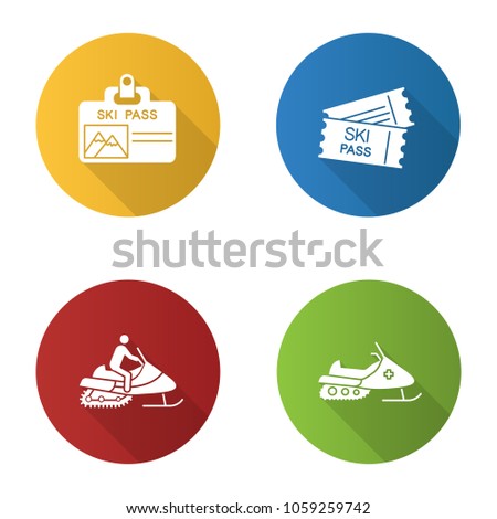 Winter activities flat design long shadow glyph icons set. Ski pass badge and tickets, snowmobiles. Vector silhouette illustration