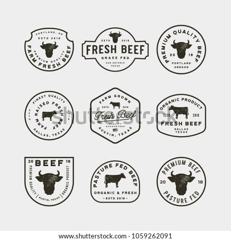 set of premium fresh beef labels. retro styled meat shop emblems, badges, design elements, logotype templates. vector illustration Royalty-Free Stock Photo #1059262091