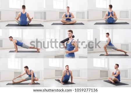 Set of different fitness exercises. Sporty guy practicing yoga in various poses at gym on white background. Active, healthy lifestyle concept