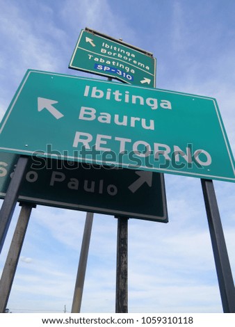 Group of metal signs indicating multiple locations in a confuse way at brazilian countryside