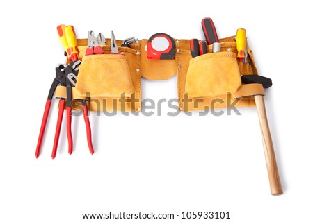 Toolbelt with various tools lying on the bench Royalty-Free Stock Photo #105933101